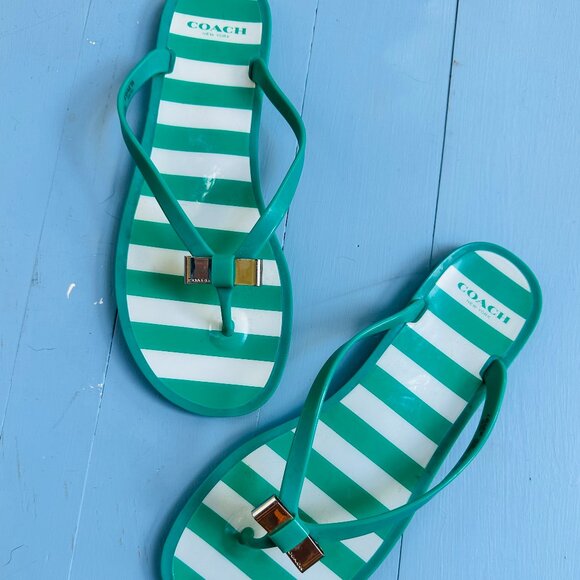 Coach Flip-Flops Green Striped with Metal Bow Women's Size 10 Coach Resort Wear - Picture 1 of 4